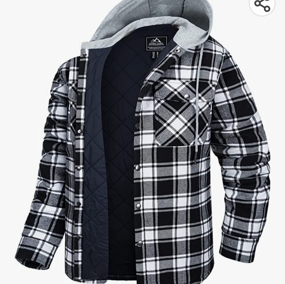 Mens flannel shirt jacket w/hood,size Medium, black